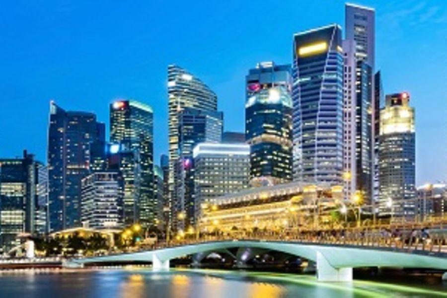 Singapore business district skyline in the evening.