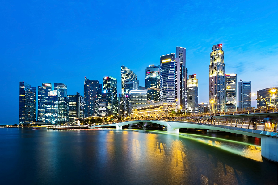 Singapore business district skyline in the evening.